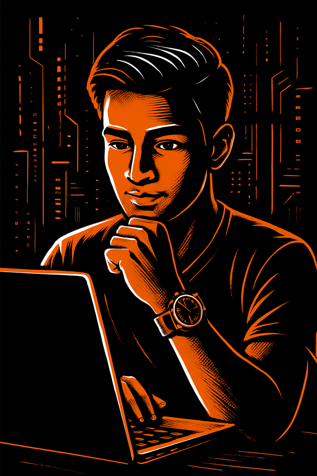 An illustration of a developer working on a laptop